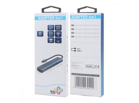 Adapter HUB USB C 6w1 - HDMI, USBx3, PD, RJ-45