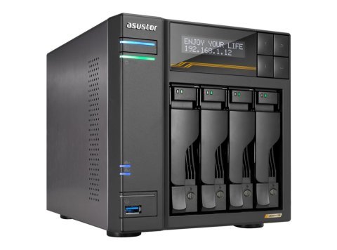 NAS Asustor AS6804T; Tower; 4x (3.5" SATA HDD/ 2.5" SSD); AMD Ryzen Embedded V3C14; 16G ECC DDR5 SODIMM (max. 64GB), 2x 10GbE, 2x 5GbE, 4x M.2 2280 NVMe PCIe 4.0, 2x USB4, 2x USB 3.2 Gen, 1x optional 10 GbE card