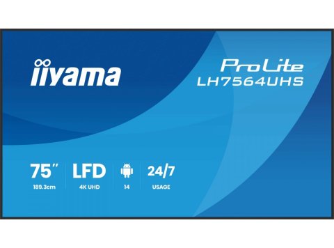 Monitor 75 cali LH7564UHS-B1AG, 24/7,VA,ANDROID14,4K,500cd,5000:1, 2xHDMI ,USB-C,RJ45, RS-232c, IR, 2x10W, 2xUSB, UCHWYT ŚCIENNY,iiSignage2,WiFi