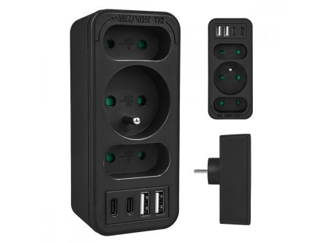 Rozdzielacz na 3 gniazdka MCE248 F/B 2xUSB-A 2xUSB-C czarny