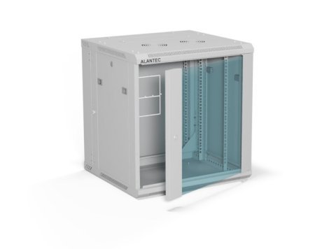 Szafa wisząca 19" 12U 600x600, dwusekcyjna, drzwi szklane jednoskrzydłowe, tył osłona pełna demontowalna, osłony boczne pełne demontowalne zamykane na klucz, 4 belki, kolor szary, do samodzielnego montażu - Flat Pack, ALANTEC