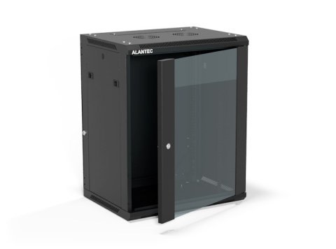 Szafa wisząca 19" 15U 600x450, (opcja dwusekcyjna) drzwi szklane jednoskrzydłowe, tył osłona pełna demontowalna, osłony boczne pełne demontowalne zamykane na klucz, 4 belki, kolor czarny, ALANTEC