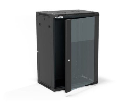 Szafa wisząca 19" 18U 600x450, (opcja dwusekcyjna) drzwi szklane jednoskrzydłowe, tył osłona pełna demontowalna, osłony boczne pełne demontowalne zamykane na klucz, 4 belki, kolor czarny, do samodzielnego montażu - Flat Pack, ALANTEC