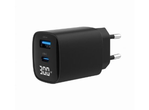 Ładowarka GaN 1xUSB-A 1xUSB-C LCD 30W PD QC3.0 czarna