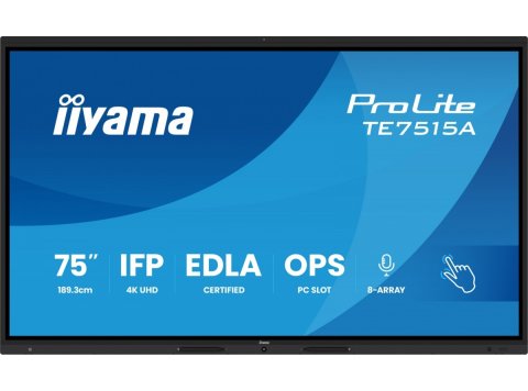 Monitor interaktywny 75 cali TE7515A-B2AG, VA,4K,40pkt,550cd,DeepContrast-IR+, HDMI x2,DP,USB-C, 2 x 20W, OPS Slot x1, 5xUSB, 2xRJ45,8-Array,EDLA,