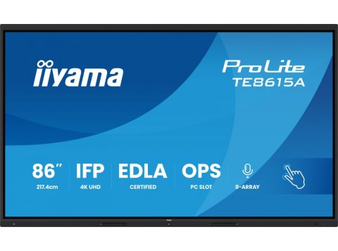 Monitor interaktywny 86 cali TE8615A-B2AG IPS,4K,40pkt,550cd,DeepContrast-IR+, HDMI x2,DP,USB-C, 2 x 20W, OPS Slot x1, 5xUSB, 2xRJ45,8-Array,EDLA,