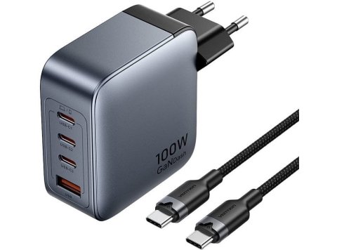 Ładowarka Vention 100W GaN 1x USB-A 3x USB-C + kabel USB-C do USB-C 1m