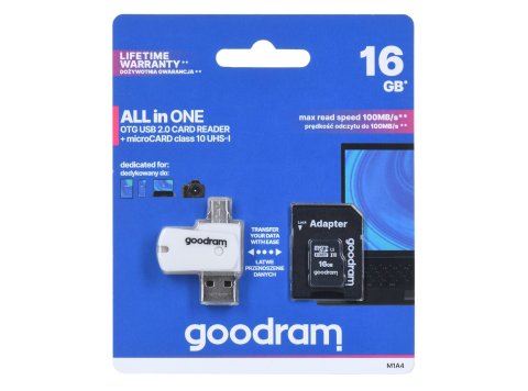 Karta pamięci z adapterem i czytnikiem kart GoodRam All in one M1A4-0160R12 (16GB; Class 10; Adapter, Czytnik kart MicroSDHC, Karta pamięci)