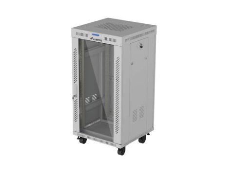 Szafa instalacyjna rack stojąca 19 cali 22U 600x600 drzwi przeszklone LCD (Flat pack) szara