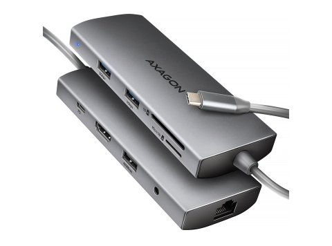 AXAGON HMC-8HLSA Wieloportowy koncentrator USB-C 3.2 Gen 1, 3x USB-A + 4K/60Hz HDMI + SD/microSD, Gigabit LAN, Audio, PD 100W - Srebrny