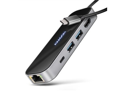 AXAGON HMC-6GLN Hub USB, 2x USB-A, 1x USB-C, 1x HDMI 2.0, 1x RJ45, 100 W PD – srebrny