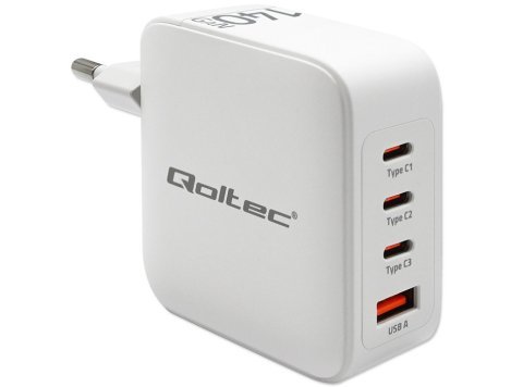 Qoltec Ładowarka sieciowa 140W GaN | 5-20V | 2.5-5A | 3 x USB-C PD | 1 x USB QC 3.0 | Biała