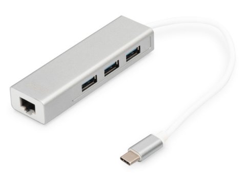HUB/Koncentrator 3-portowy USB Typ C, 3x USB A HighSpeed z Gigabit LAN adapter, aluminium