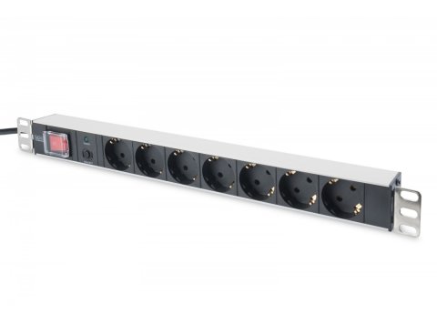 Listwa zasilająca PDU 19" Rack, 7x gniazdo schuko, 2.0m, 1x wtyk unischuko, 16A, wł./wył., zabezpieczenie przeciążeniowe, profil aluminiowy