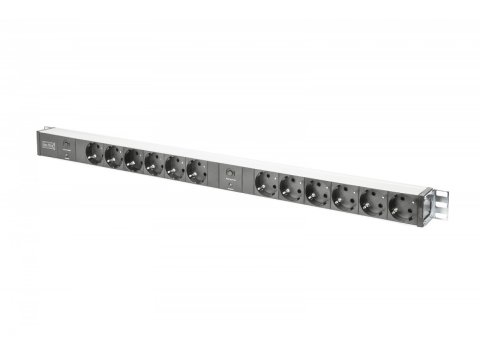 Listwa zasilająca PDU 19" RACK, 12x gniazdo Schuko, 2x 2m wtyk Unischuko, 16A, zabezpieczenie przeciążeniowe, profil aluminiowy