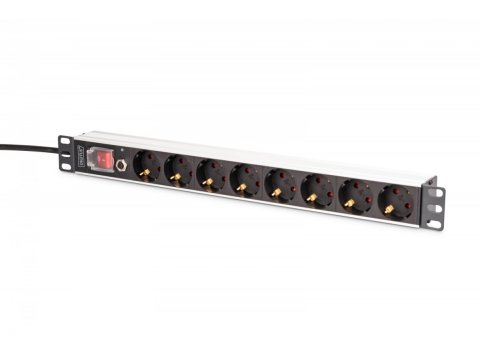 Listwa zasilająca PDU Rack 19" z zabezpieczeniem przeciążeniowym, 8 gniazd Schuko CEE 7/3 (45°), kabel 2m wtyk Unischuko, 16A, aluminiowa