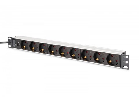 Listwa zasilająca PDU Rack 19" z bezpiecznikiem przeciążeniowym, 9 gniazd Schuko CEE 7/3 (45°), kabel 2m wtyk IEC C14, 10A, aluminiowa