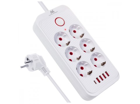 Listwa zasilająca MCE389 W 6 gniazd 4xUSB-A 1xUSB-C 110-240V, AC 50/60Hz, 2.1A max 2500W biała