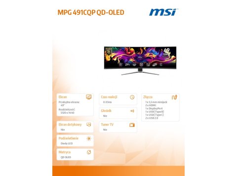 Monitor MPG 491CQP QD-OLED 49 cali/LED/QD-OLED/Zakrzywiony/144Hz/Czarny
