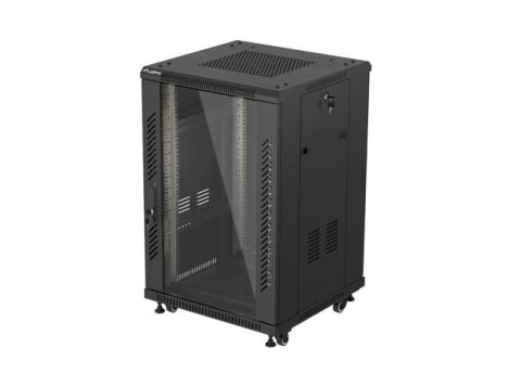 Szafa instalacyjna rack stojąca 19 cali 18U 600x600 drzwi przeszklone (Flat pack) czarna