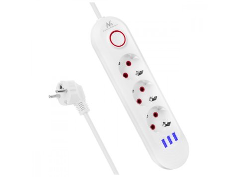 Listwa zasilająca MCE394 W 3 gniazda 3xUSB, 110-240V AC 50/60, 2.1A max 2500W, biała