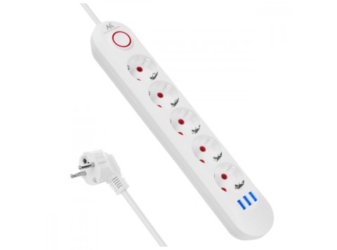 Listwa zasilająca 5 gniazd MCE395 W 3xUSB, 110-240v AC 50/60Hz, 2,1A max 2500W, biała