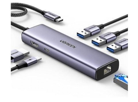 HUB Ugreen CM512 15598 6w1 USB-C - 3x USB-A 3.0 / HDMI / RJ45 / USB-C PD - szary