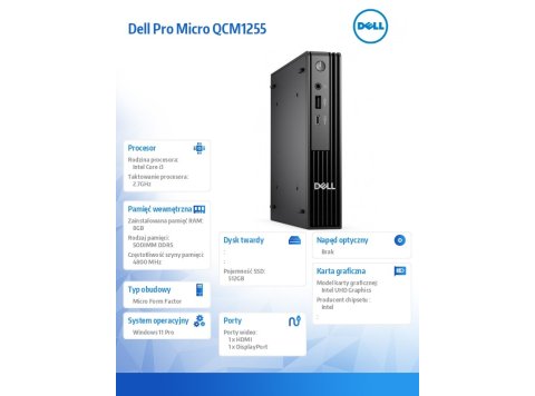Komputer Dell Pro Micro QCM1250 W11Pro i3-14100T/8GB/512GB SSD CL25/Integrated/WLAN + BT/Kb/Mouse/3YPS