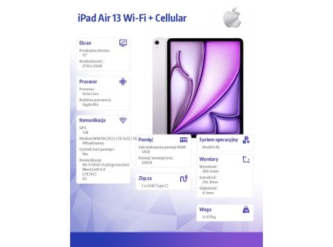 iPad Air 13 cali Wi-Fi + Cellular 128GB Fioletowy