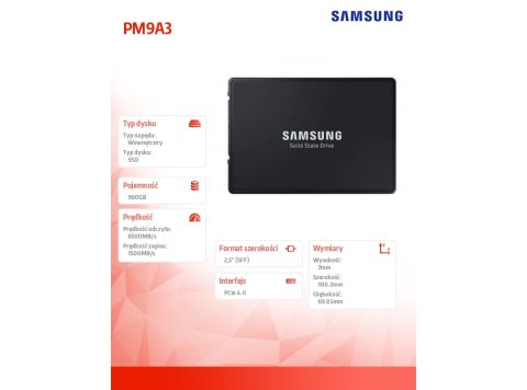 Dysk SSD Samsung PM9A3 960GB U.2 NVMe Gen4 MZQL2960HCJR-00W07 (DWPD 1) (OUTLET)