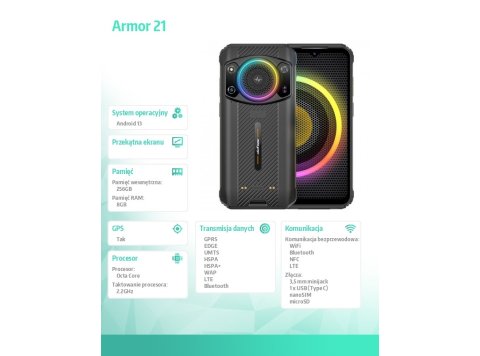 Smartfon Armor 21 4G 8/256GB IP69K głośnik 122dB RGB Czarny