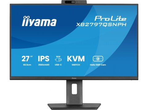 Monitor 27 cali Prolite XB2797QSNPH-B1,IPS,QHD,CAM,MIC,HDMI, DP, 4xUSB,75Hz, USB-C DOCK 96W, RJ45,KVM, 2x2W, 5MP WINDOWS HELLO, HAS 150, 350CD, 1ms