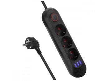 Listwa zasilająca MCE394 B, 1,5m|3 gniazda + 3xUSB. 110-240V AC 50/60Hz, 2.1A max 2500W, czarna