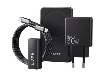 Zestaw do ładowania Havit: Power Bank PB5216 5000 mAh, magnetyczny kabel USB-C do USB-C i ultra cienka ładowarka UC128 o mocy 30W (porty A+C)