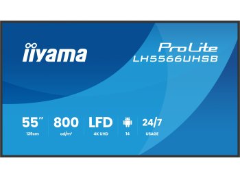 iiyama LH5566UHSB-B1AG signage display Płaski panel Digital Signage 139,7 cm (55") LCD Wi-Fi 800 cd/m2 4K Ultra HD Czarny Procesor wbudowany Android 24/7