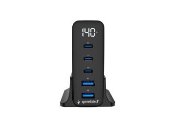 Ładowarka uniwersalna GaN 140W LCD 3xUSB-C 2xUSB-A czarna