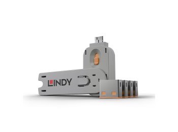 Lindy 40453 bloker portów Blokada portu + klucz USB Typu-A Pomarańczowy Kopolimer akrylonitrylo-butadieno-styrenowy (ABS) 5 szt.