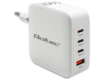Qoltec Ładowarka sieciowa 140W GaN | 5-20V | 2.5-5A | 3 x USB-C PD | 1 x USB QC 3.0 | Biała