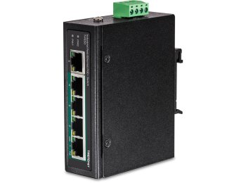 Switch TRENDnet TI-PE50 - niezarządzalny - 4 x 10/100 (PoE+) + 1 x 10/100 - możliwość montażu na szynie DIN, montaż na ścianie - PoE+ (90 W) - DC