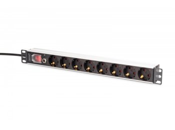 Listwa zasilająca PDU Rack 19" z zabezpieczeniem przeciążeniowym, 8 gniazd Schuko CEE 7/3 (45°), kabel 2m wtyk Unischuko, 16A, aluminiowa