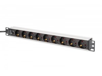 Listwa zasilająca PDU Rack 19" z bezpiecznikiem przeciążeniowym, 9 gniazd Schuko CEE 7/3 (45°), kabel 2m wtyk IEC C14, 10A, aluminiowa