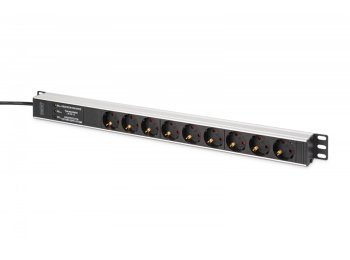 Listwa zasilająca PDU Rack (620mm) z zabezpieczeniem przeciwprzepięciowym + filtr EMI/RFI, 9 gniazd Schuko CEE 7/3 (45°), kabel 2m wtyk Unischuko CEE