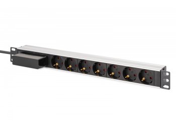 Listwa zasilająca PDU Rack 19" z wyłącznikiem nadprądowym Typ C 16A, 7 gniazd Schuko CEE 7/3 (45°), kabel 1,8m wtyk Unischuko CEE 7/7, 16A, aluminiowa