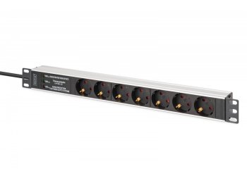 Listwa zasilająca PDU Rack 19" z zabezpieczeniem przeciwprzepięciowym + filtr EMI/RFI, 7 gniazd Schuko CEE 7/3, kabel 2m, wtyk Unischuko CEE 7/7, 16A,
