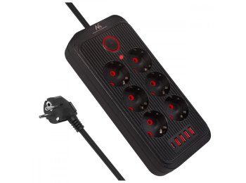 Listwa zasilająca MCE389 B 6 gniazd 4xUSB-A, 1xUSB-C 110-240V AC 50/60Hz, 2.1A max 2500W, czarna