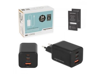 Ładowarka GaN 65W 2x USB-C PD + USB-A (czarna)