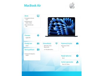 MacBook Air 13.6 cala: M5 10/10, 24GB, 1TB SSD, bez zasilacza - Północ