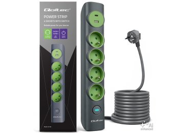 Listwa zasilająca z podświetlanym włącznikiem | 4gniazda z uziemieniem | 1xUSB-C 15W | 1xUSB 12W | 1.8m