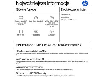 HP EliteStudio 8 AiO G1i Ultra 5 235 23.8"FHD Touch IPS 300nits LBL AG 16GB DDR5 5600 SSD512 Intel Graphics Cam 5MP W11Pro 3Y OnSite